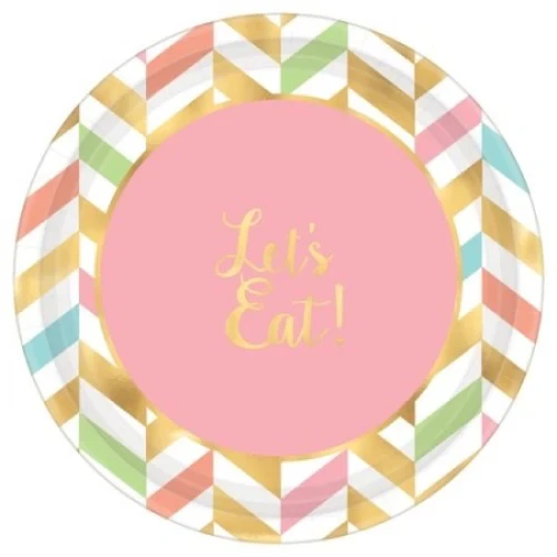 17cm Eat, Drink & Be Happy Round Metallic Plates - Pack of 8