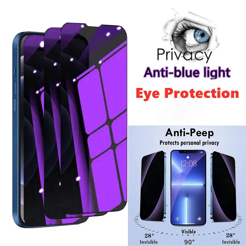 Color: DEEP BLUE - Anti Blue Light Privacy Tempered Glass for iPhone 16 15 Pro Max 14 Plus 13 12 Mini 11 Eye Protection Clear Screen Protector Film
