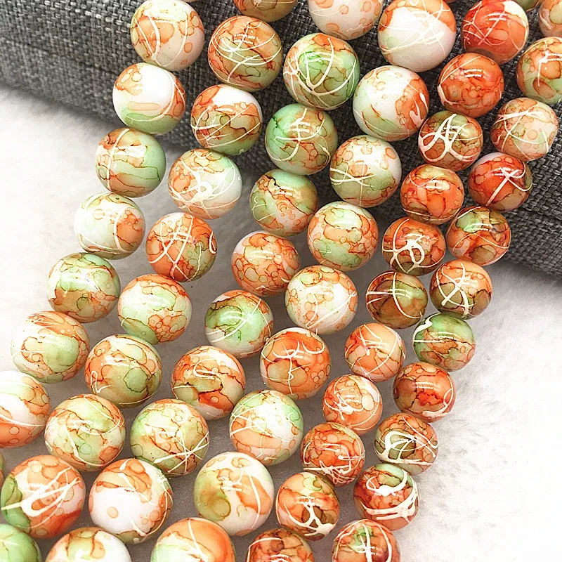 Color: Light green, Item Diameter: 6mm - Wholesale 4/6/8/10mm Glass Beads Round Loose Spacer Beads Pattern For Jewelry Making DIY Bracelet Necklace