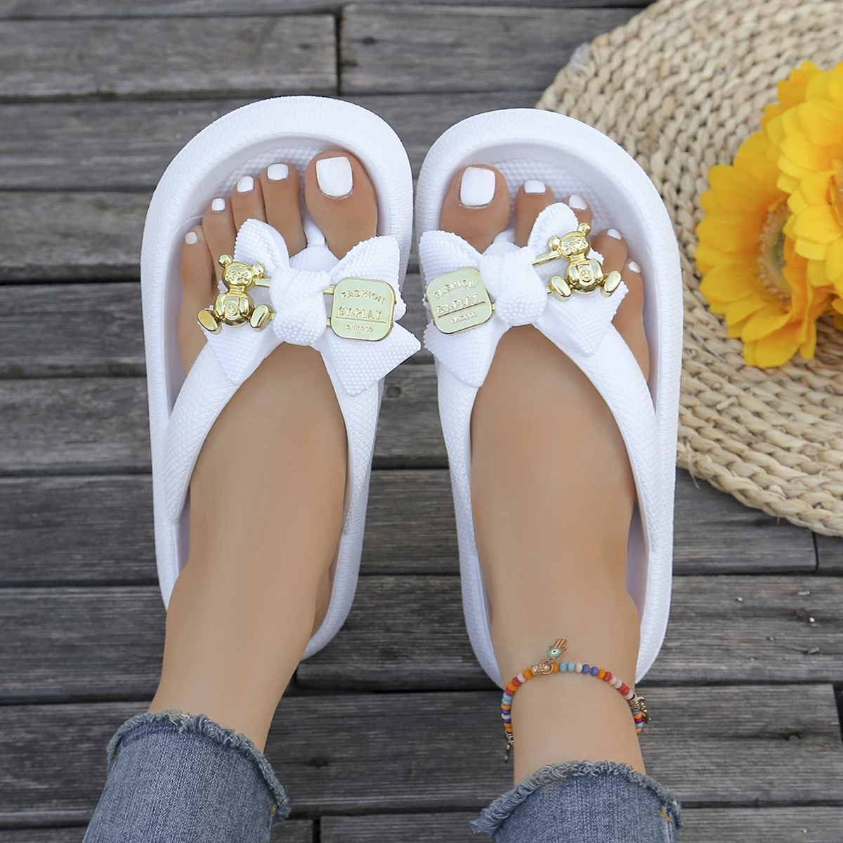 Color: Grape, Shoe Size: 38-39 - Summer Multi Color Women's Flip Flops Fashionable Metallic Teddy Bear Bow Slide Sandal Beach Vacation Home Versatile Footwear