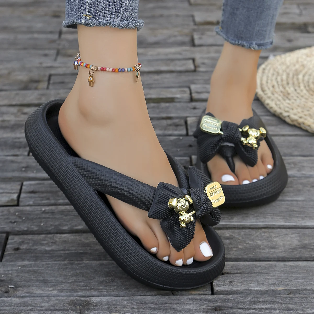 Color: Grape, Shoe Size: 38-39 - Summer Multi Color Women's Flip Flops Fashionable Metallic Teddy Bear Bow Slide Sandal Beach Vacation Home Versatile Footwear