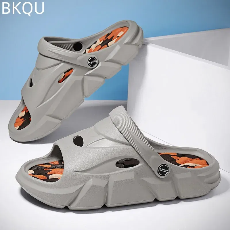 Color: GRAY, Shoe Size: 38 - Men's Beach Slippers Round Toe Lightweight Flat Bottom Waterproof Comfortable Trend Versatile Breathable Non-slip Large Size