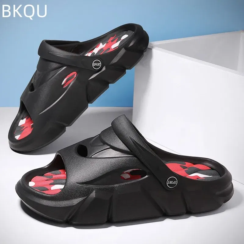 Color: GRAY, Shoe Size: 38 - Men's Beach Slippers Round Toe Lightweight Flat Bottom Waterproof Comfortable Trend Versatile Breathable Non-slip Large Size