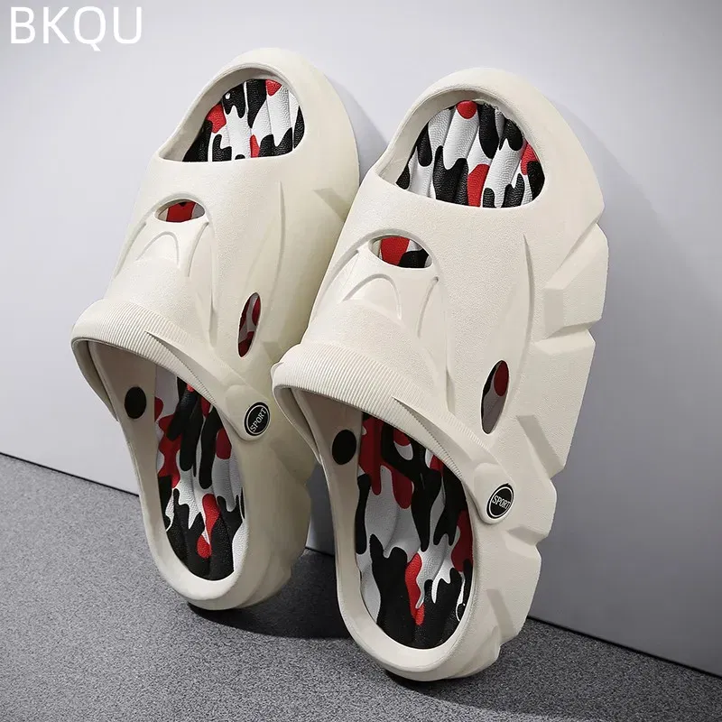 Color: GRAY, Shoe Size: 38 - Men's Beach Slippers Round Toe Lightweight Flat Bottom Waterproof Comfortable Trend Versatile Breathable Non-slip Large Size