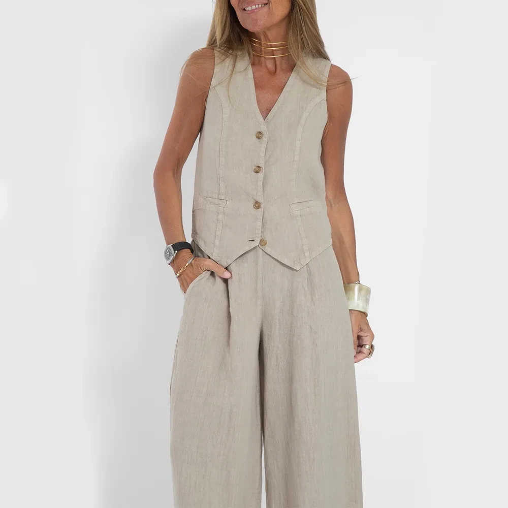 Summer Vest Suits V-neck Botton Sleeveless Top And Loose Straight Trousers