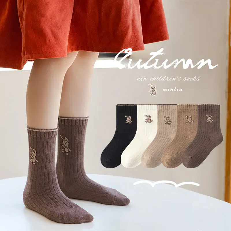 Color: GRAY, Size: 2-3T - Autumn Socks Baby 5 Pairs Cartoon Bunny Pattern Socks Girls Calf Length Children Socks Solid Cotton Socks