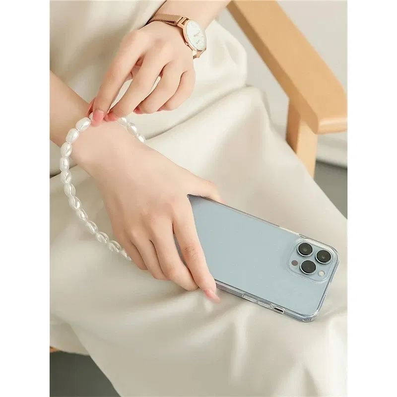 Color: cream, Bundle: Case & Strap, Material: GENUINE LEATHER - Pearl Bracelet Wrist Chain Phone Case For iPhone 13 12 11 14 15 Pro Max XR X XS Mini 7 8 Plus SE Transparent Hard Acrylic Cover