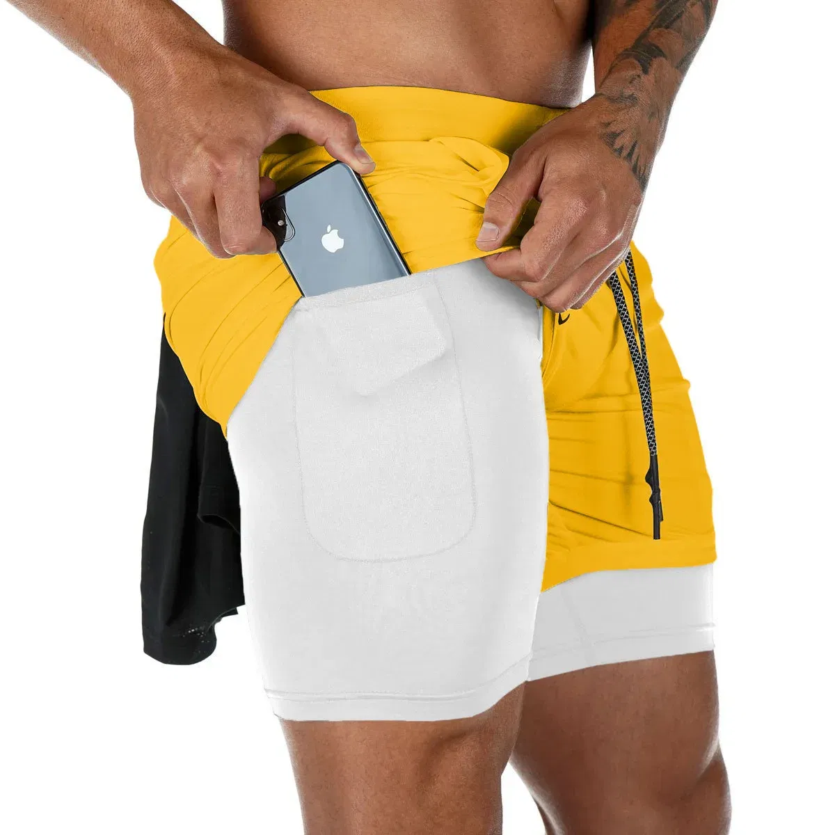 Color: Gold, Size: XL - Men's Double Layer Fitness Shorts Drawstring Mesh Lining Elastic Waist Breathable Quick Dry to Beach Pool Summer Male