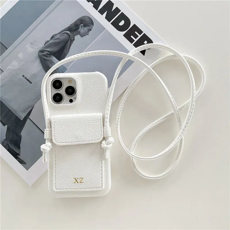 Color: Beige, Material: PE - Personalized Gold Silver Letters Leather PU Card Holder Lanyard Hard Case For iPhone 14 13 12 11 15 Pro Max XS XR 16 Plus Cover