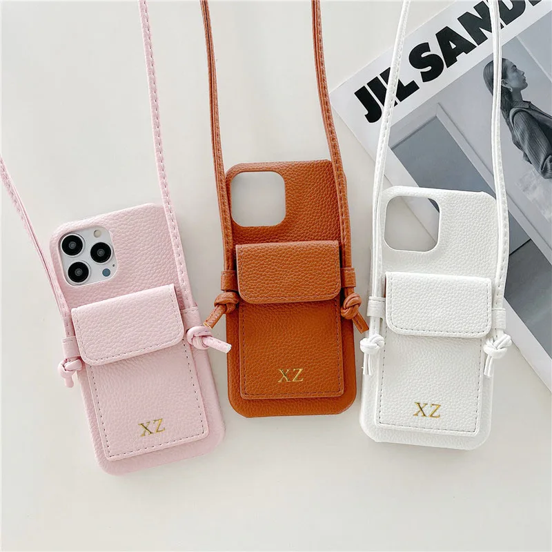 Color: Beige, Material: PE - Personalized Gold Silver Letters Leather PU Card Holder Lanyard Hard Case For iPhone 14 13 12 11 15 Pro Max XS XR 16 Plus Cover