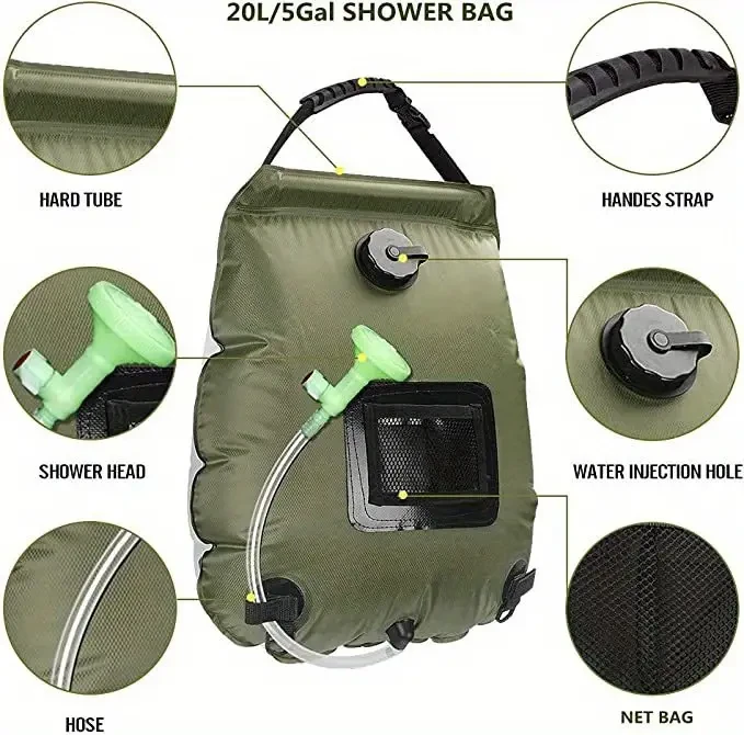 Solar Heated Camping Shower Bag - Portable Bath Bag with Removable Hose