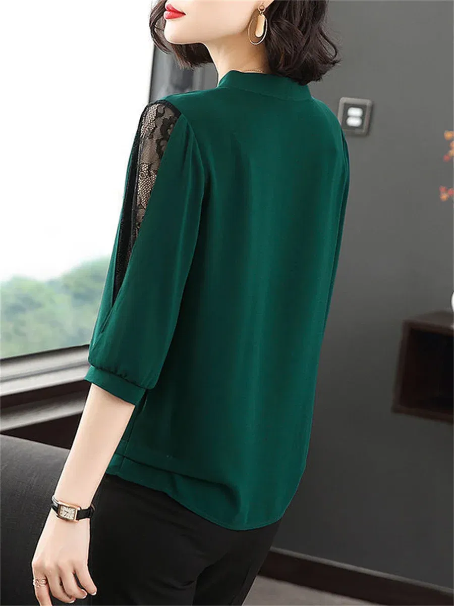 Color: Red, Size: 5XL - Women Spring Summer Style Blouses Tops Lady Casual Bow Tie Colloar Half Lace Sleeve Loose Blusas Tops DF4275