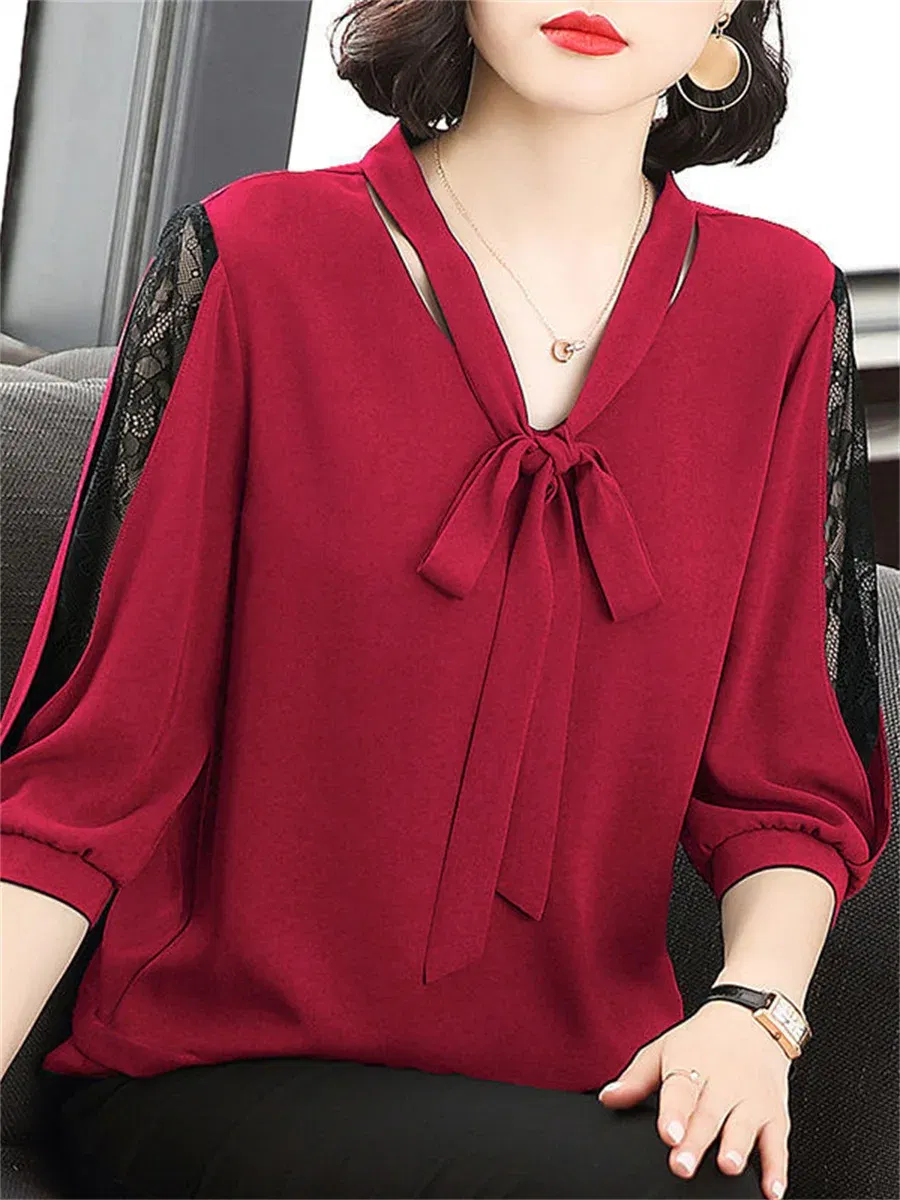 Color: Red, Size: 5XL - Women Spring Summer Style Blouses Tops Lady Casual Bow Tie Colloar Half Lace Sleeve Loose Blusas Tops DF4275