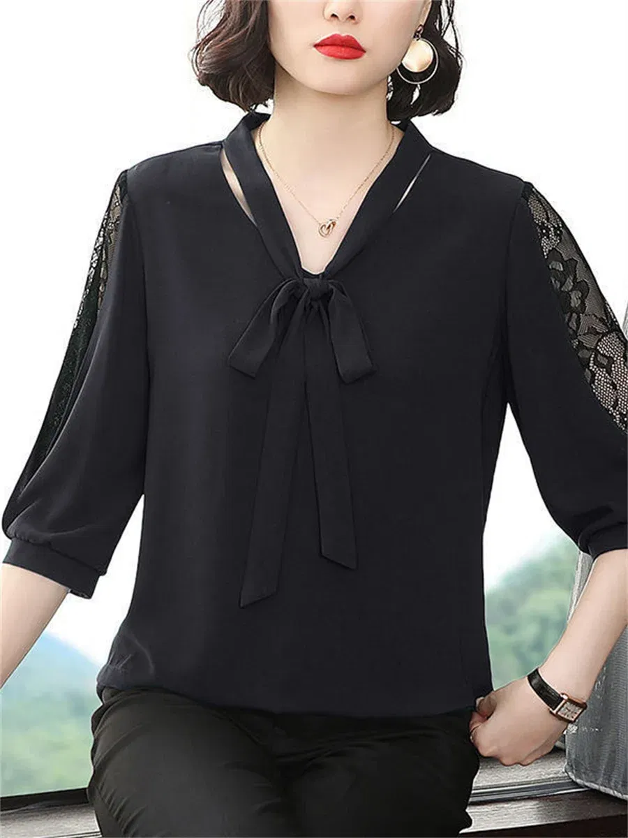 Color: Red, Size: 5XL - Women Spring Summer Style Blouses Tops Lady Casual Bow Tie Colloar Half Lace Sleeve Loose Blusas Tops DF4275