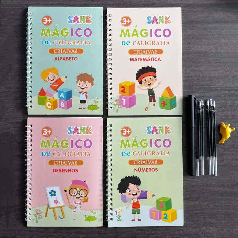 Color: pink - Magic Writing Book in Portuguese Calligraphy Notebook Montessori Kids Reusable Educational Calligraphic Letter Practice Toy