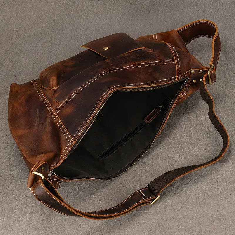 Color: Blue - 2025 New Style Men's Leather Chest Bag Retro Single Shoulder Crossbody Bag Multi-functional Shoulder Bag For Male Travel Bagpack