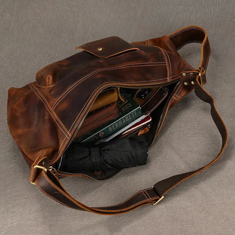Color: Blue - 2025 New Style Men's Leather Chest Bag Retro Single Shoulder Crossbody Bag Multi-functional Shoulder Bag For Male Travel Bagpack