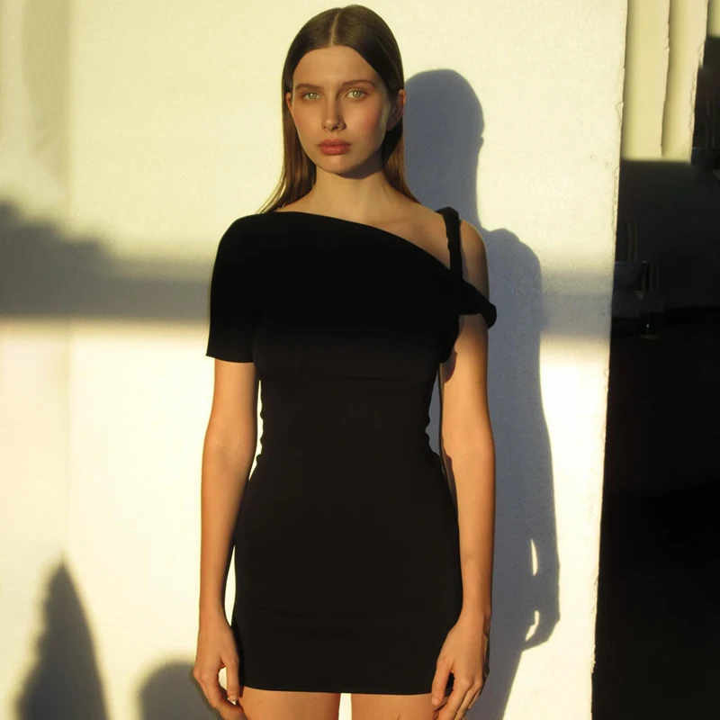 Color: Black, Size: L - CUTENOVA Irregular Dress Women Hispter Summer Trend Hollow Knot Solid Simple Casual Stretch Streetwear Thin Midnight Bodycon