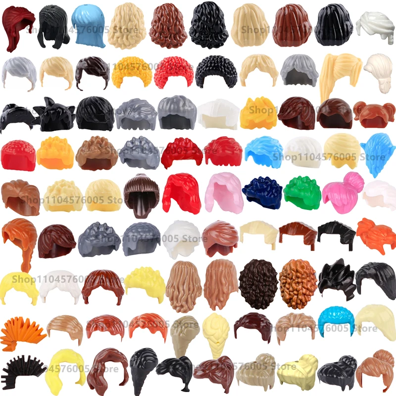 Color: Olive Green - MOC Brown Hair Building Blocks City Figures Body Creative Accessory Blond Gold White Parts DIY Hats Mini Bricks Assemble Toy S04