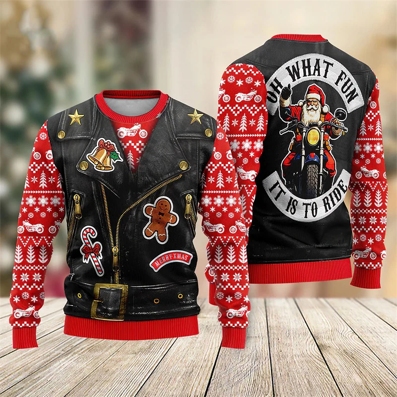 Color: Beige, Size: M - Funny Santa Claus Graphic Ugly Christmas Sweater 2026 Men Fashion Autumn Winter 3D Printed Sweatshirt Casual Oversized Pullovers