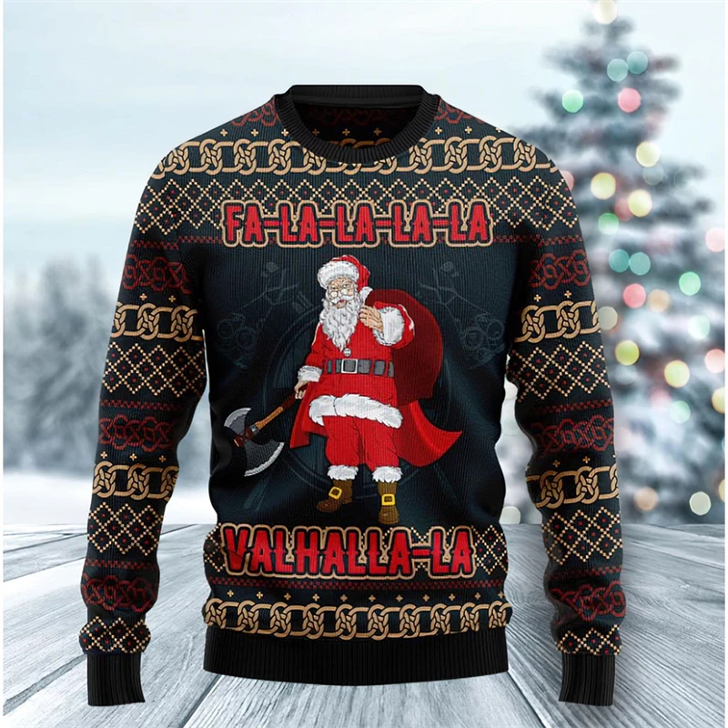 Color: Beige, Size: M - Funny Santa Claus Graphic Ugly Christmas Sweater 2026 Men Fashion Autumn Winter 3D Printed Sweatshirt Casual Oversized Pullovers