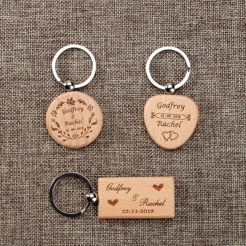 Color: Gold - 2024 Custom Logo Blank Round Rectangle Wooden Key Chain DIY Promotion Wood Keychains Wedding Gift