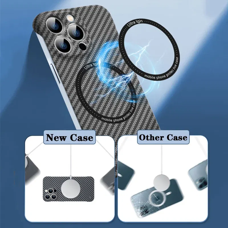Color: black, Material: aluminum - Luxury Carbon Fiber for iPhone 11 14 Plus 12 13 Pro Max Magsafe Case Magnetic Wireless Hard Thin Slim Cover for iPhone 13 14 Max