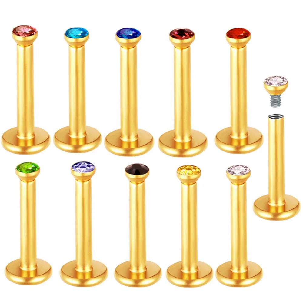 Metal color: Pure Gold Color - 2X 16g 1.2mm Crystal Steel -Gold- Labret Ring Bar Ear Cartilage Tragus Monroe Lip Nose Stud Internally Threaded Piercing