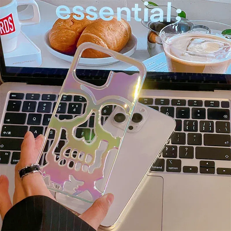 Color: Brown, Material: Silicon - 3D Skull Ghostface Phone Case for iPhone 14 15 ProMax 11 12 13 Pro Max Plus Fashion Hollow Heat Dissipation Plating Slim Cover
