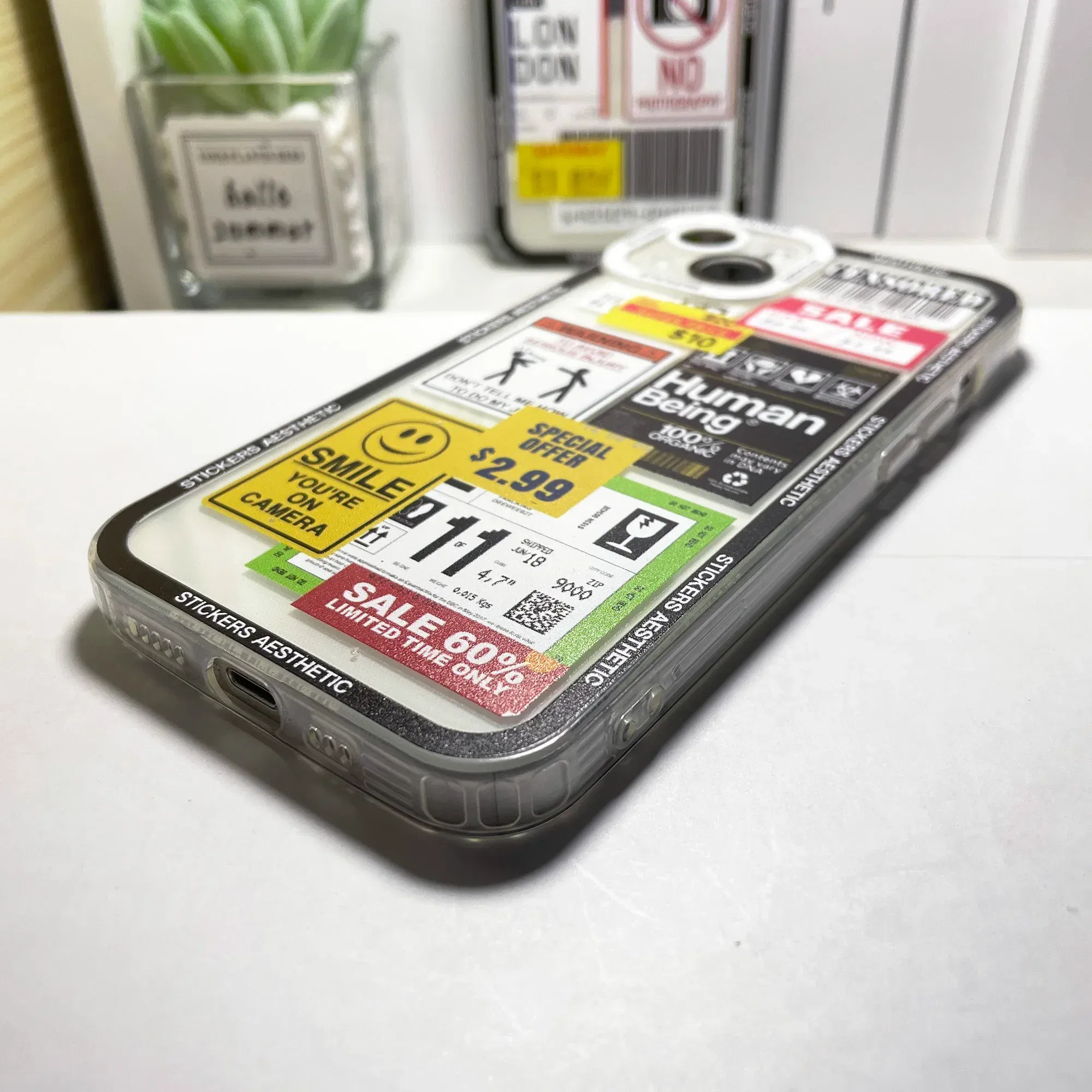 Color: Blue, Material: Cotton Fabric - Mix Labels Aesthetic Stickers Collage Phone Case For iPhone 16 15 14 13 12 11 Pro Max Mini XS X XR SE 7 8 Plus Clear Soft Cover