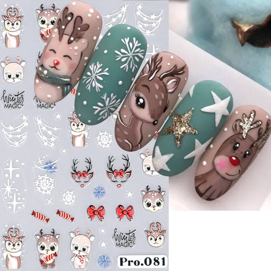 Color: black - 5D Embossed Elk Nail Art Sticker Cute Christmas Winter Santa Claus Snowflake Gingerbread Man Engraved Slider Manicure Decoration