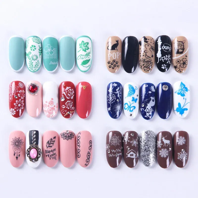 Color: Blue - 12Designs Retro Flower Butterfly Nail Art Templates Stamping Plate Snowflake Animal Lace Stamp Templates Plate Image Decor Tools