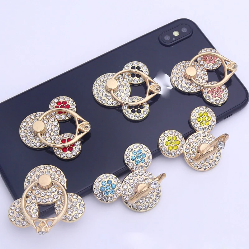 Color: Multicolor - Cute Anime Mickey Mouse Minnie Phone Finger Ring Holder With Diamond Kawaii High Quality Mobile Stand For Iphone 13 14 Huawei