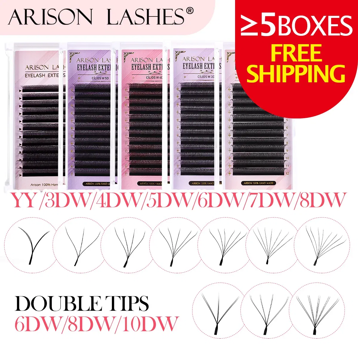 Color: BLACK & RED, Curl: C, Thickness: 0.07mm, Length: 8mm - ARISON YY Lashes and 3D/4D/5D W Shape Lashes Brasileiro Premade Volume Eyelashes Extension Soft Thin Easily Grafting Extension