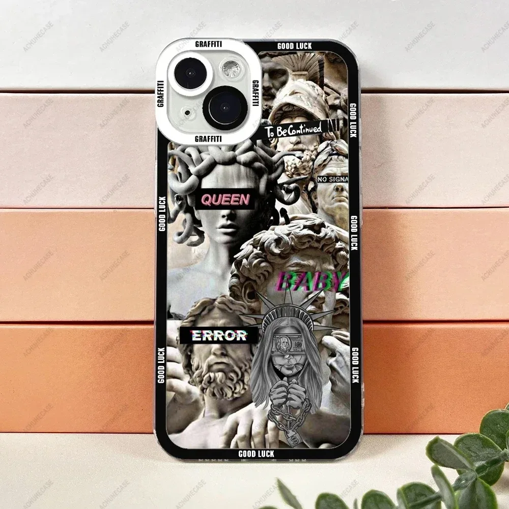 Color: Beige, Material: PC - Aesthetic Statue Art Phone Case For iPhone 16 15 14 13 12 11 Pro Max XS X XR Plus Mini Luxury Transparent Soft Funda