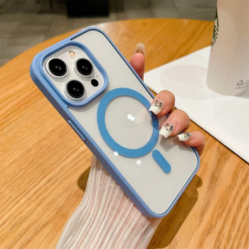 Color: LIGHT BLUE, Material: Genuine Leather - Luxury Shockproof Magsafe Wireless Charge Case for iPhone 17 Air 16 15 14 Plus 13 12 Mini 11 Pro Max Clear Magnetic Bumper Cover