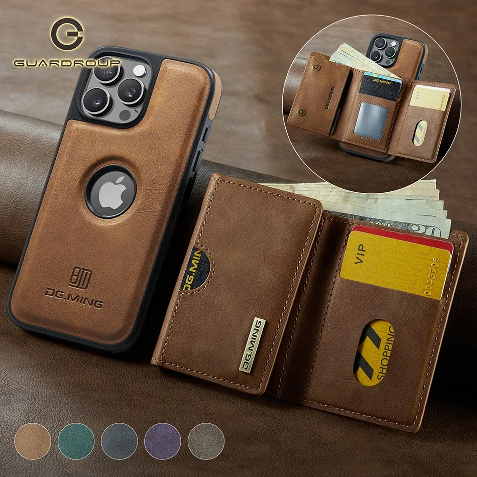 Color: Brown, Material: Wood - Detachable 2 IN 1 Magnetic For Magsafe Leather Case For iPhone 16 Pro Max 15 12 13 11 14 Plus 16e Flip Wallet Card Holder Cover