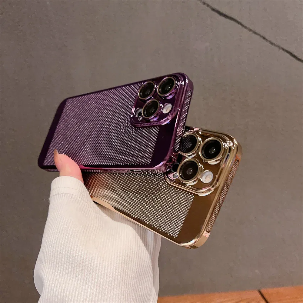 Color: Silver, Material: PP - Luxury Plating Hollowed Out Case for iPhone 12 13 Mini 11 14 Pro Max X XR Xs Max 7 8 Plus Heat Dissipation Shockproof Lens Cover