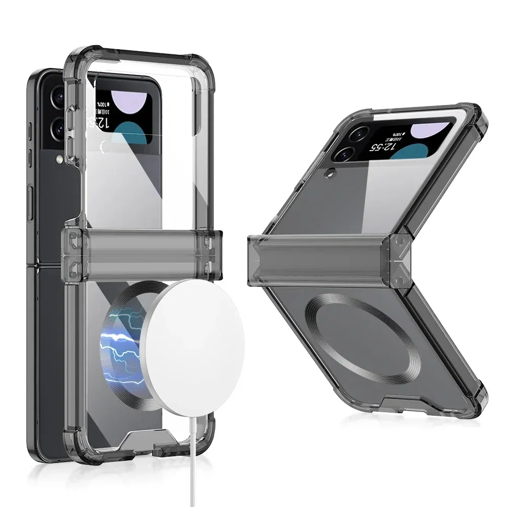 Color: Blue, Material: ABS - Colorful Transparent Folding Hinge For Samsung Galaxy Z Flip 4 3 Magsafe Magnetic Wireless Charging Case Shockproof Hard Cover
