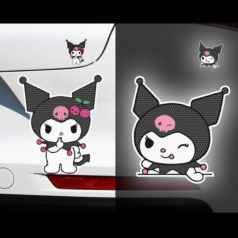 Color: Red - Anime Kuromi Hellokitty Car Sticker Reflective Warning Safety Tape Anti Collision Reflective Sticker Car Accessories