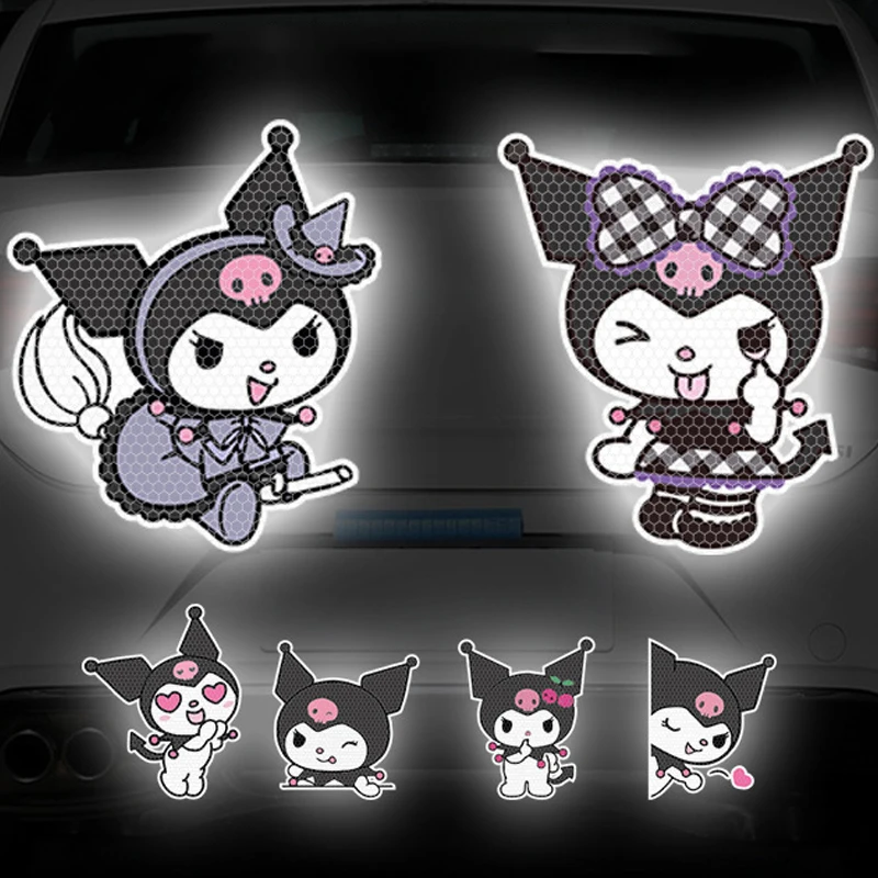Color: Red - Anime Kuromi Hellokitty Car Sticker Reflective Warning Safety Tape Anti Collision Reflective Sticker Car Accessories