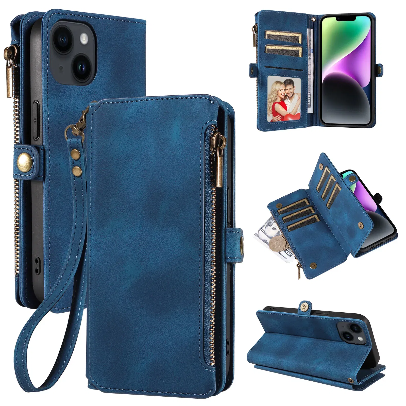Color: SKY BLUE, Material: Microfiber - Zipper Multi 9 Cards Wallet Case for OPPO Reno 12 10 8 7 6 5 Pro 11F 11A 8T 6Z 5Z Retro Leather Lanyard Wrist Strap Phone Cover