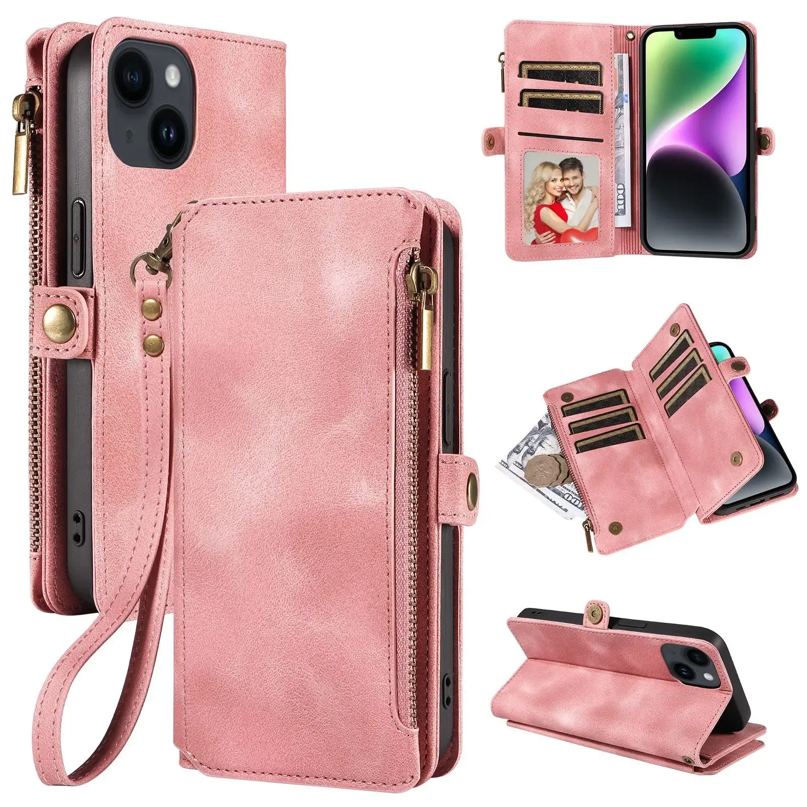 Color: SKY BLUE, Material: Microfiber - Zipper Multi 9 Cards Wallet Case for OPPO Reno 12 10 8 7 6 5 Pro 11F 11A 8T 6Z 5Z Retro Leather Lanyard Wrist Strap Phone Cover
