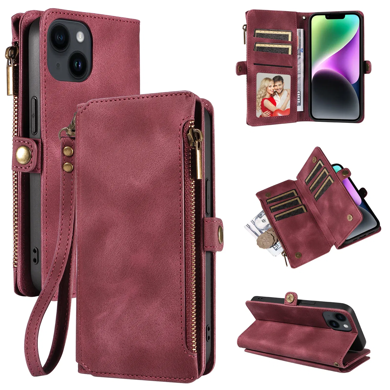 Color: SKY BLUE, Material: Microfiber - Zipper Multi 9 Cards Wallet Case for OPPO Reno 12 10 8 7 6 5 Pro 11F 11A 8T 6Z 5Z Retro Leather Lanyard Wrist Strap Phone Cover