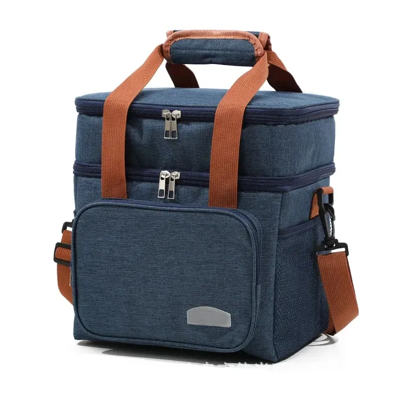 Color: black - Portable Double Layer Lunch Bags Food Box Durable Camping Oxford Backpacks Icebox Large Capacity Picnic Durable BBQ Outdoor BBQ