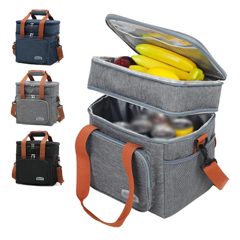 Color: black - Portable Double Layer Lunch Bags Food Box Durable Camping Oxford Backpacks Icebox Large Capacity Picnic Durable BBQ Outdoor BBQ
