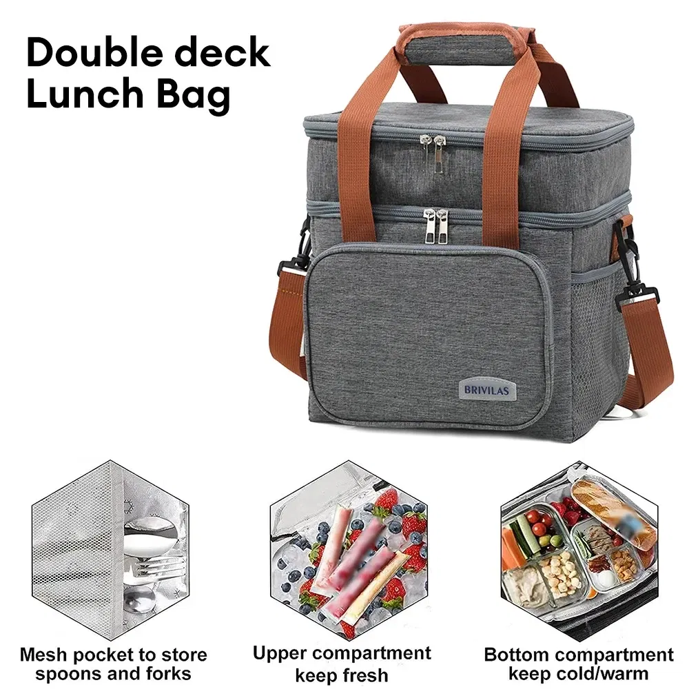 Color: black - Portable Double Layer Lunch Bags Food Box Durable Camping Oxford Backpacks Icebox Large Capacity Picnic Durable BBQ Outdoor BBQ