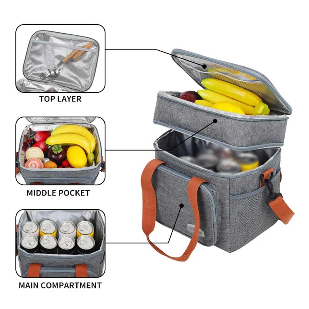 Color: black - Portable Double Layer Lunch Bags Food Box Durable Camping Oxford Backpacks Icebox Large Capacity Picnic Durable BBQ Outdoor BBQ