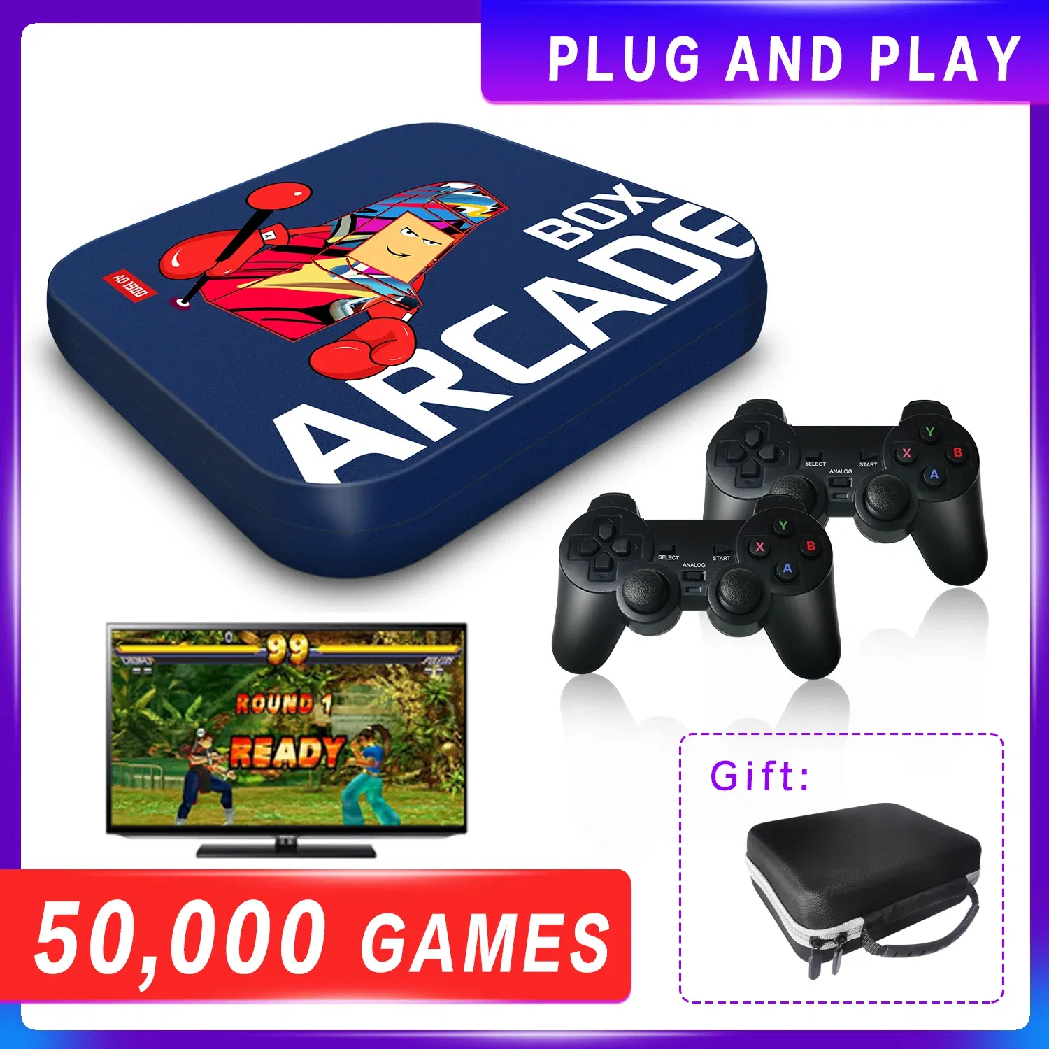 Color: Yellow, Bundle: Bundle 1 - Arcade Box Retro Game Console for PS1/PSP/N64 Built-in 50 Emulator Video Game Console TV Box Classic Game Box with Controller