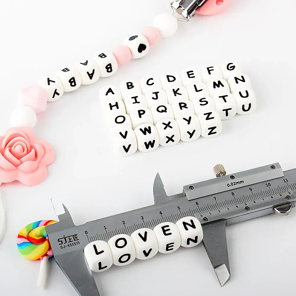 Color: Black - 10pcs 12mm Baby Silicone Letters Beads for Pacifier Clips Alphabet Bead Baby Chew Teething Teether Nursing Children Gifts 100Pcs